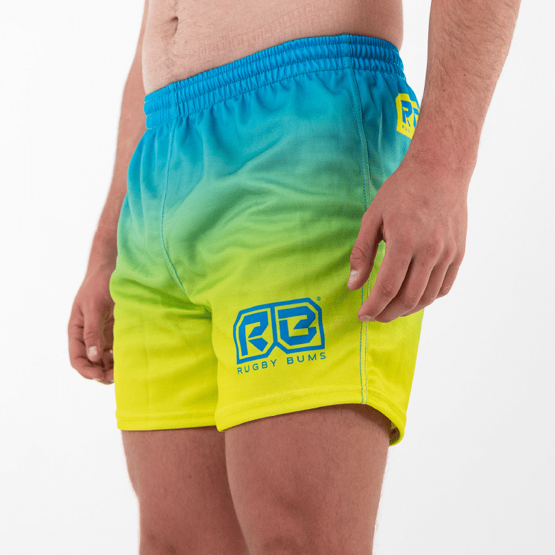 Blue Glaze Rugby Bums shorts - side angle